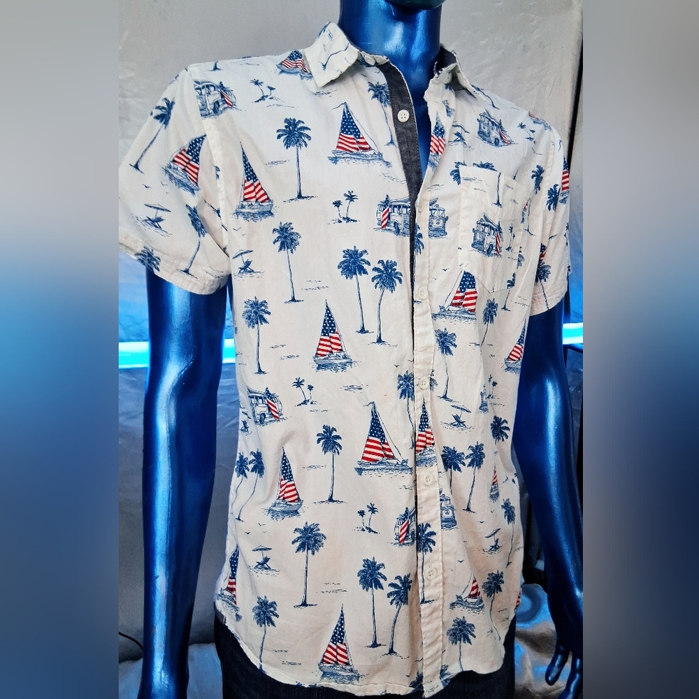 Free Planet Button Up Shirt Men’s L White Nautical Cotton Short Sleeve American